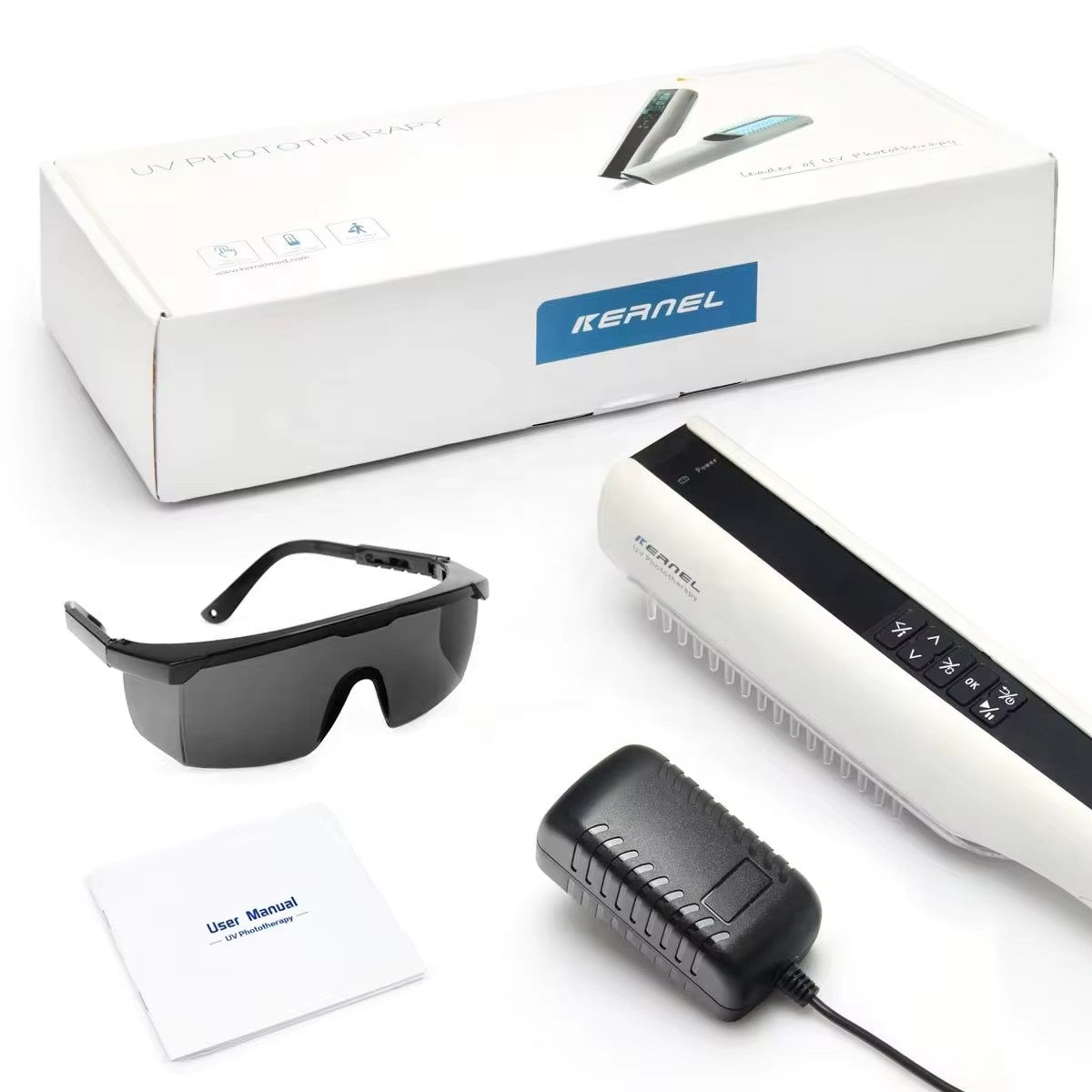 Kernel UVB Lichttherapie Handlamp – Philips™ 311nm UVB Lamp – Voor Psoriasis, Vitiligo & Eczeem – Met Timer & UV-Beschermbril – Thuisgebruik – Zonder Accu